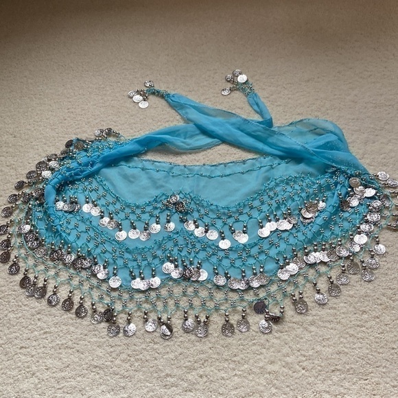 Turquois Belly Dance Hip Scarf with Silver Coins - Picture 6 of 10